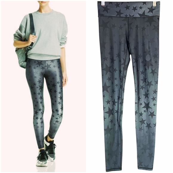 TEREZ NWT Hi-Shine Leggings Metal Gray/Black Star Print Size XS Made in NYC - Picture 1 of 8